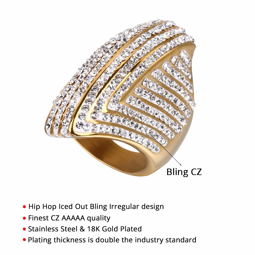 Hip Hop Iced Out Bling Big Oval Ring Female Gold Color Stainless Steel Cocktail Rings For Women Party Jewelry High Quality