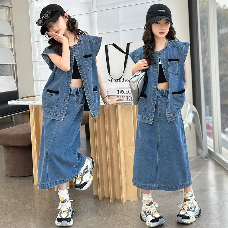 Girls Suits Denim Skirt Set 2024 New Spring Summer Children Blast Street Fashion Vest Children Two-piece Set Clothes Suits