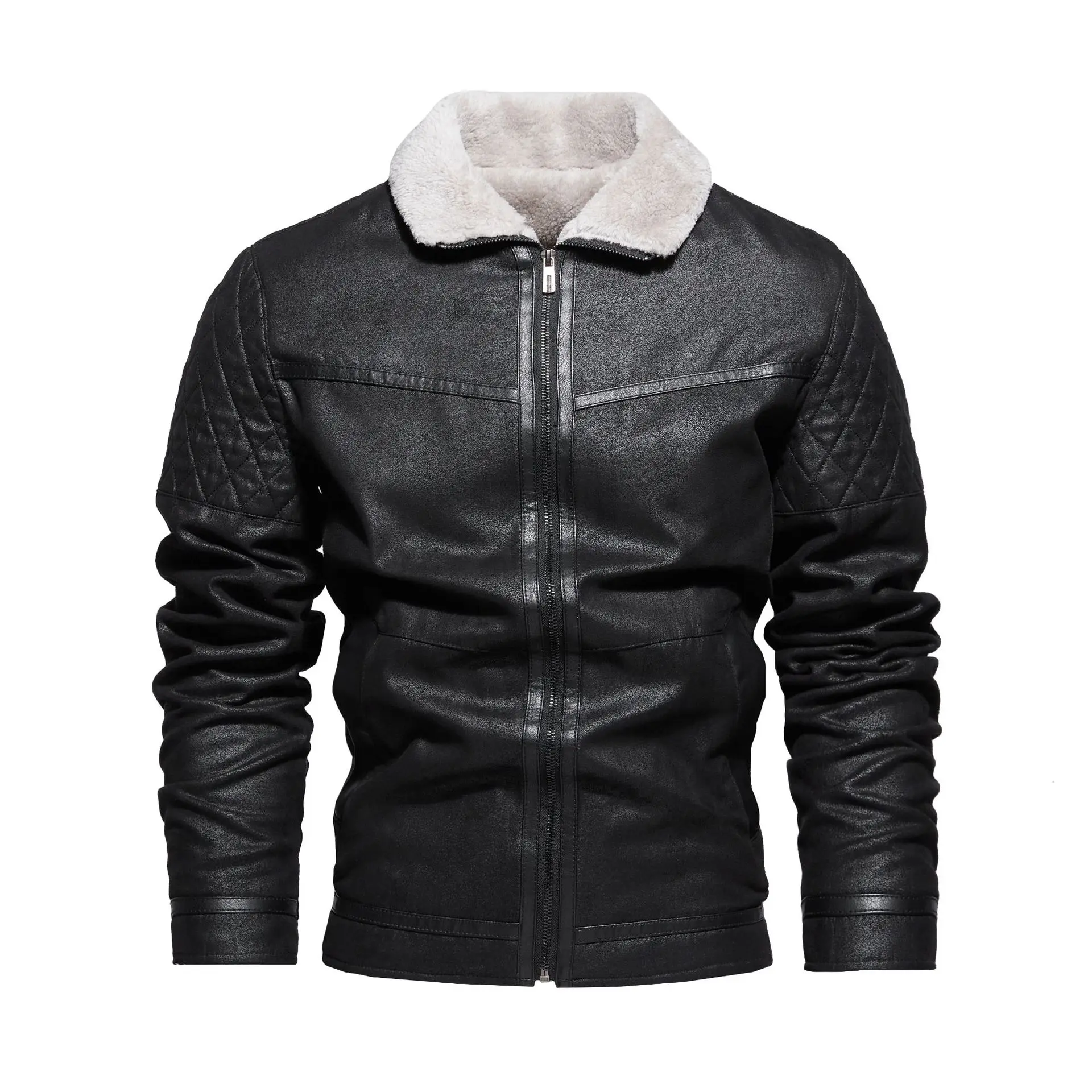 

Autumn Winter Men Leather Jacket Vintage Motorcycle Punk Male Plush Coat Turn Down Collar Long Sleeve Zipper Man Outerwaer
