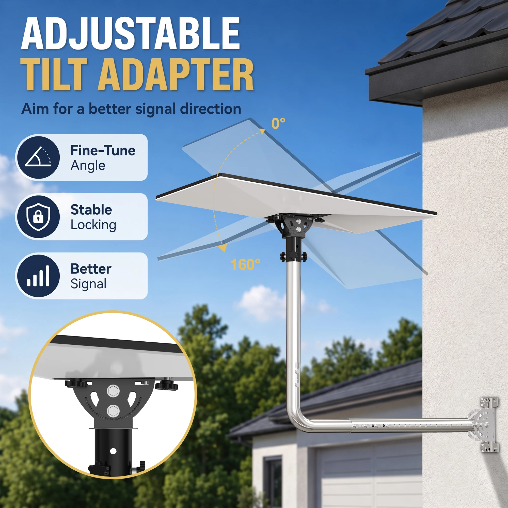 Starlink Gen 3 Wall Mount 160° Tilt Adjustable Roof Wall Pole Mount with Pole & Pipe Adapter for Standard 4/ 4X Enterprise Dish