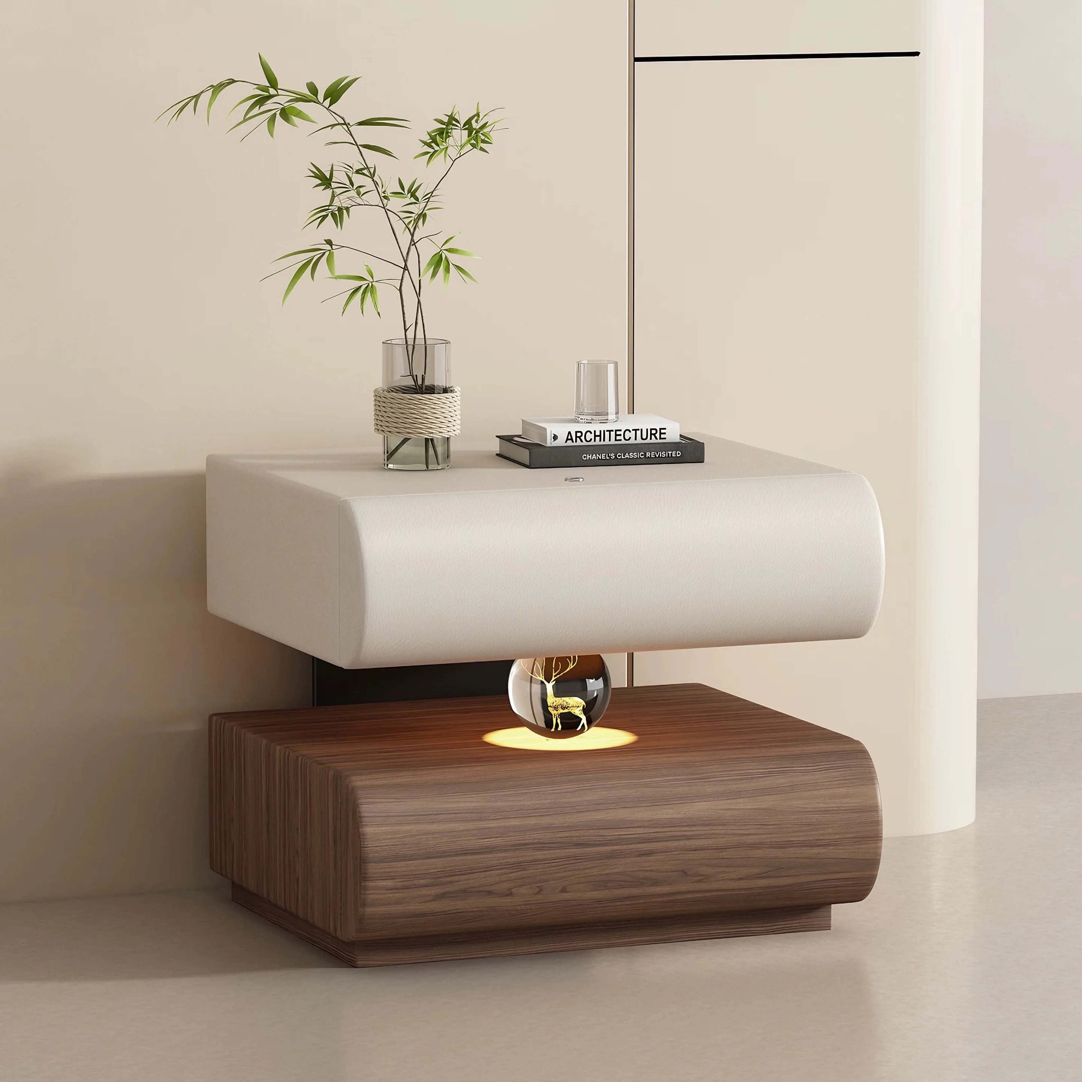 Modern Italian-style Solid Wood Bedside Table with Lamp and 2 Drawers Anti-Tipping Design Bedroom Storage Furniture