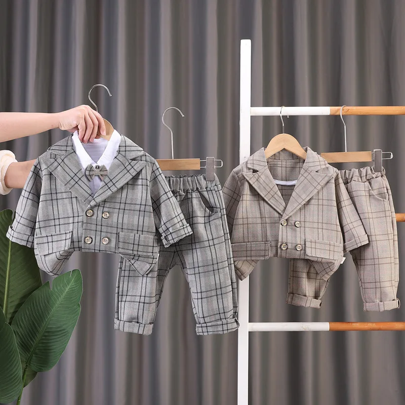 

Toddler Tracksuits 2024 Spring Korean Baby Boy Clothes 2 To 3 Years Gentleman Plaid Suits + Shirts + Pants Kids Boys Outfit Set