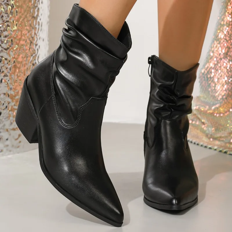 

Winter New Women's Crumpled Chunky Heel Casual Comfortable Short Boots Pointed Toe Fashionable PU Material Warmth Increasing