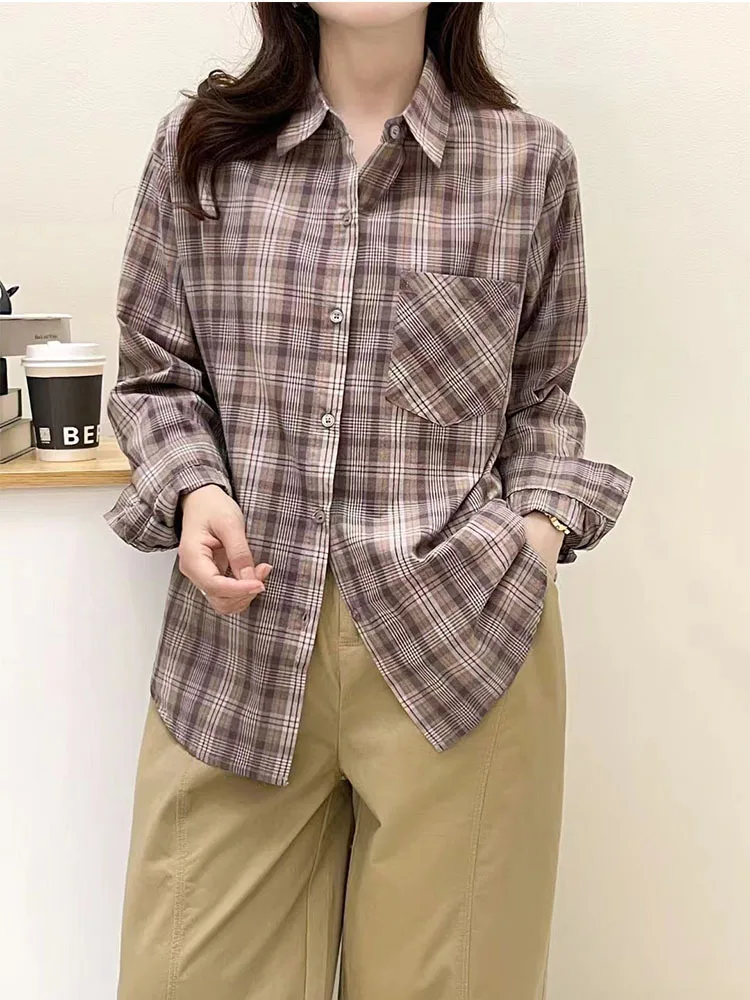 Ladies Collar Plaid Shirt 100% Cotton Pink Coffee Check Shirts for Women Autumn Korean Fashion Long Sleeve Tops