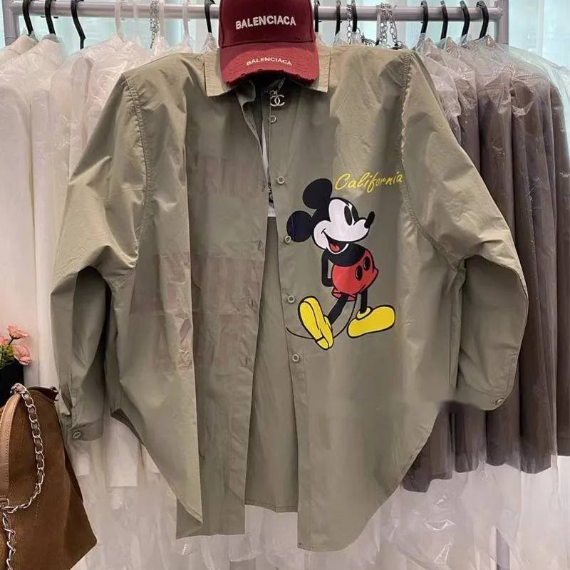 

Disney Mickey Early Autumn Loose Outerwear Shirt Korean Style Versatile Medium To Long Length Shirt Simple Design Casual Blouse