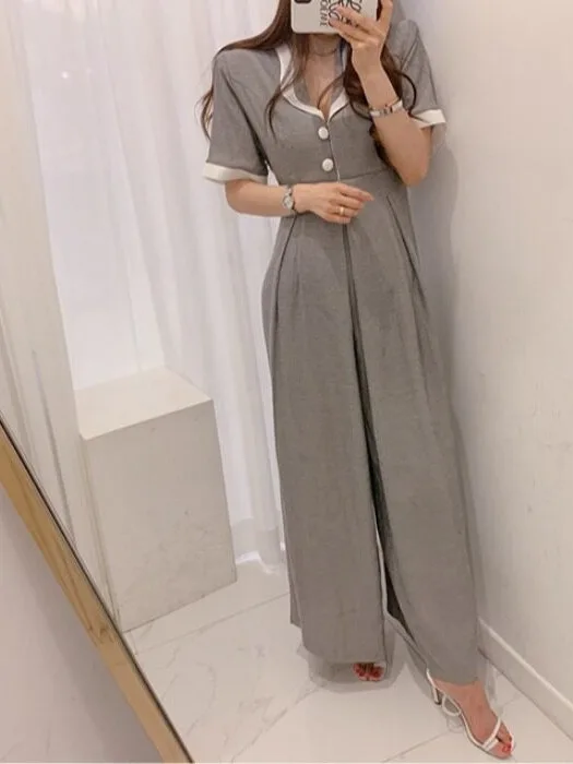 High Waist Slim Fit Tuxedo Jumpsuit Women's Summer New Style Drapey Wide Leg Pants Casual Long Pants Color Block Design