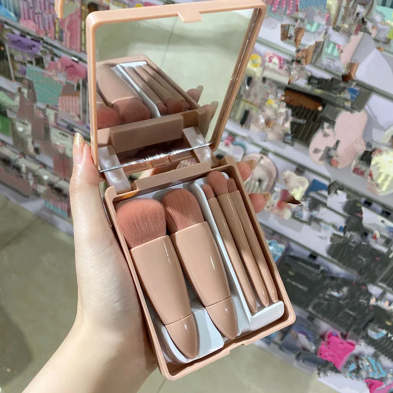 5本入りメイクブラシセット、ミラー付き収納ボックス、トラベルサイズ、小型で機能的なコスメブラシキット