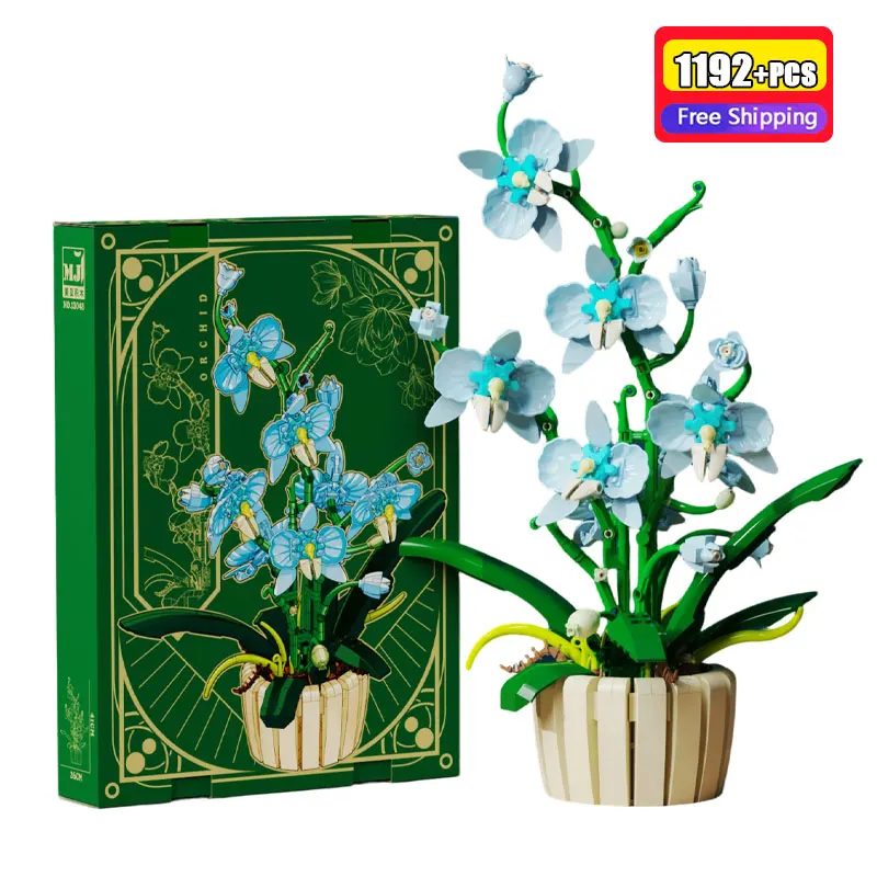 

MJ3048 1192Pcs Orchid Building Blocks Blue Phalaenopsis Botanical Collection Potted Flower Model Artificial Plant Decor Gift