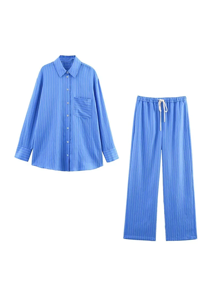 

2025 Women Summer 2-Pieces Sets Fashion Loose Striped Shirts Tops and Straight Pants Female Elegant Street Two Suits Clothing