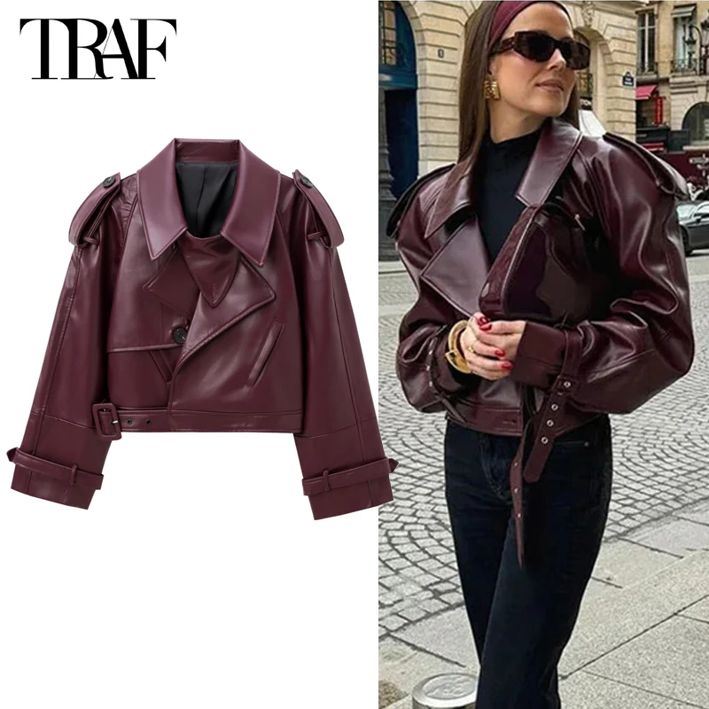 TRAF Faux Leather Bomber Jackets for Women Fashion Cropped Jacket Woman Streetwear Outerwears Long Sleeve Jacket Women Coats