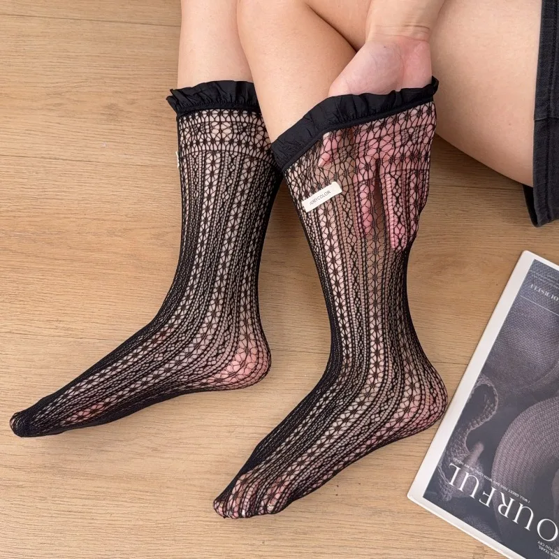 1-2Pairs JK جوارب بيضاء للنساء لوليتا نمط الدانتيل تقليم منتصف العجل جوارب تنفس الصيف رقيقة تكويم المدرسة الجوارب الطويلة