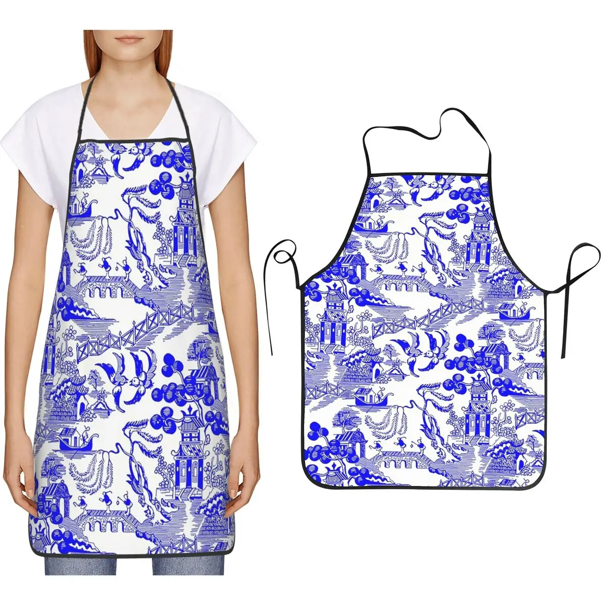Willow Chinoiserie Porcelain Apron Chef Cooking Cuisine Tablier Bib Kitchen Cleaning Pinafore for Women Men Painting