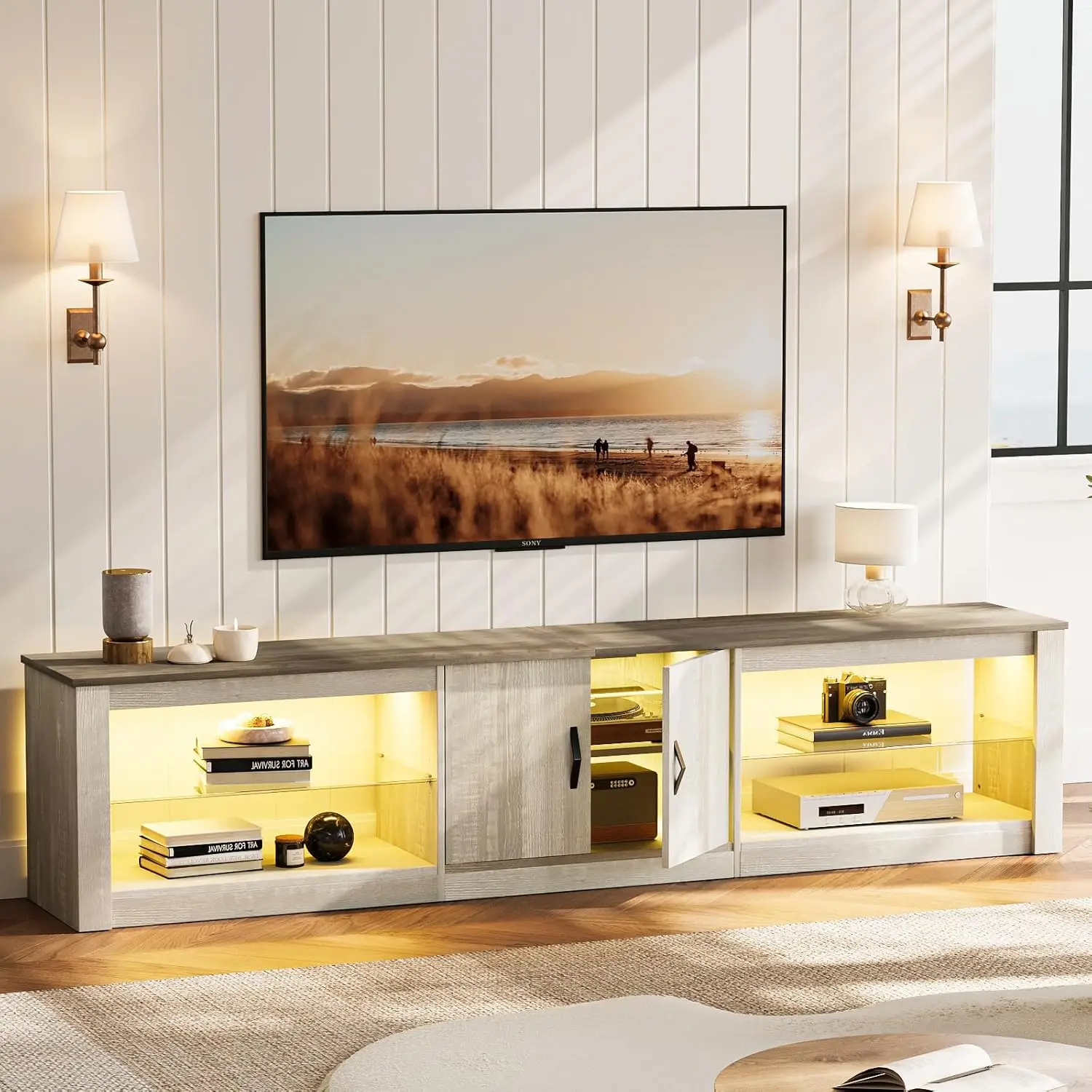 

80 Inch TV Stand for 65/75/85 inch TVs, Modern LED Entertainment Center with Storage Cabinet, Adjustable Glass Shelves