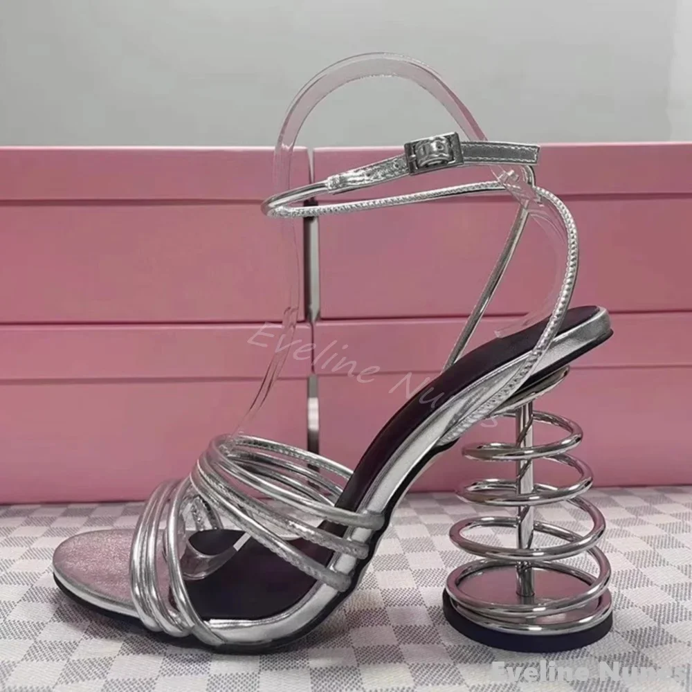 Silver Spring Heel Strange Style Sandals Women Hollow One Word Belt Thin Strap High Heel 2025 Fashion Catwalk Large Size Sandals