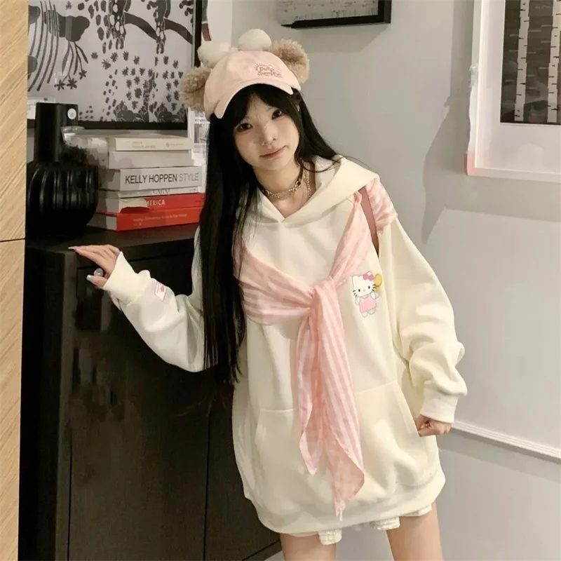 2025 كسول منقوشة ربطة القوس فيونكة مقنعين الحلو الخريف أفضل تصميم جديد هوديي المرأة سترة فضفاضة ins زوجين فضفاض هوديي المرأة Ins جديد