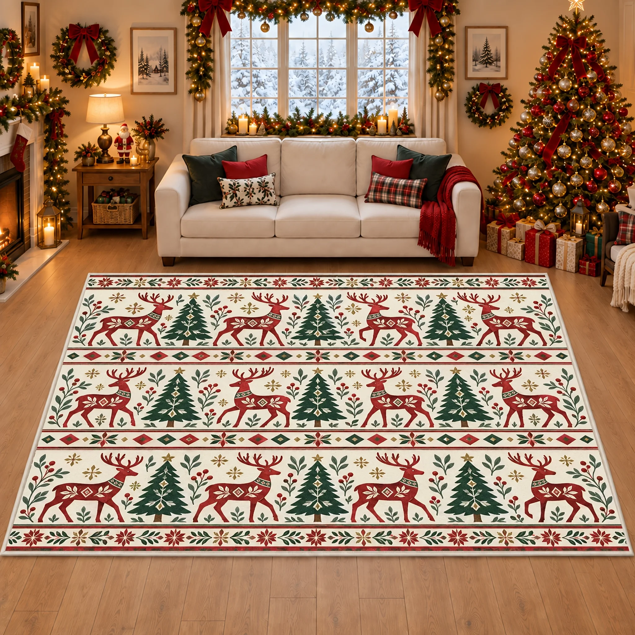 1pc Christmas Reindeer Tree Striped Area Rug, 2D Flat Print, Indoor Floor Mat for Living Room, Xmas Home Decor