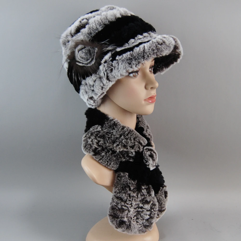 Gorro de piel de conejo Rex auténtica tejido de invierno para mujer, conjunto de bufanda, gorro de piel Natural cálido, bufanda, 2 piezas, gorro de piel auténtica de calidad para niña, silenciador