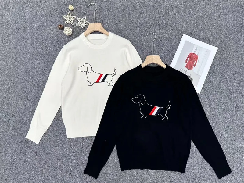 round neck pullover for women,  embroidery  knitted sweater ,white/black, dog cute jumpers,  свитер женский , Aesthetic Clothes