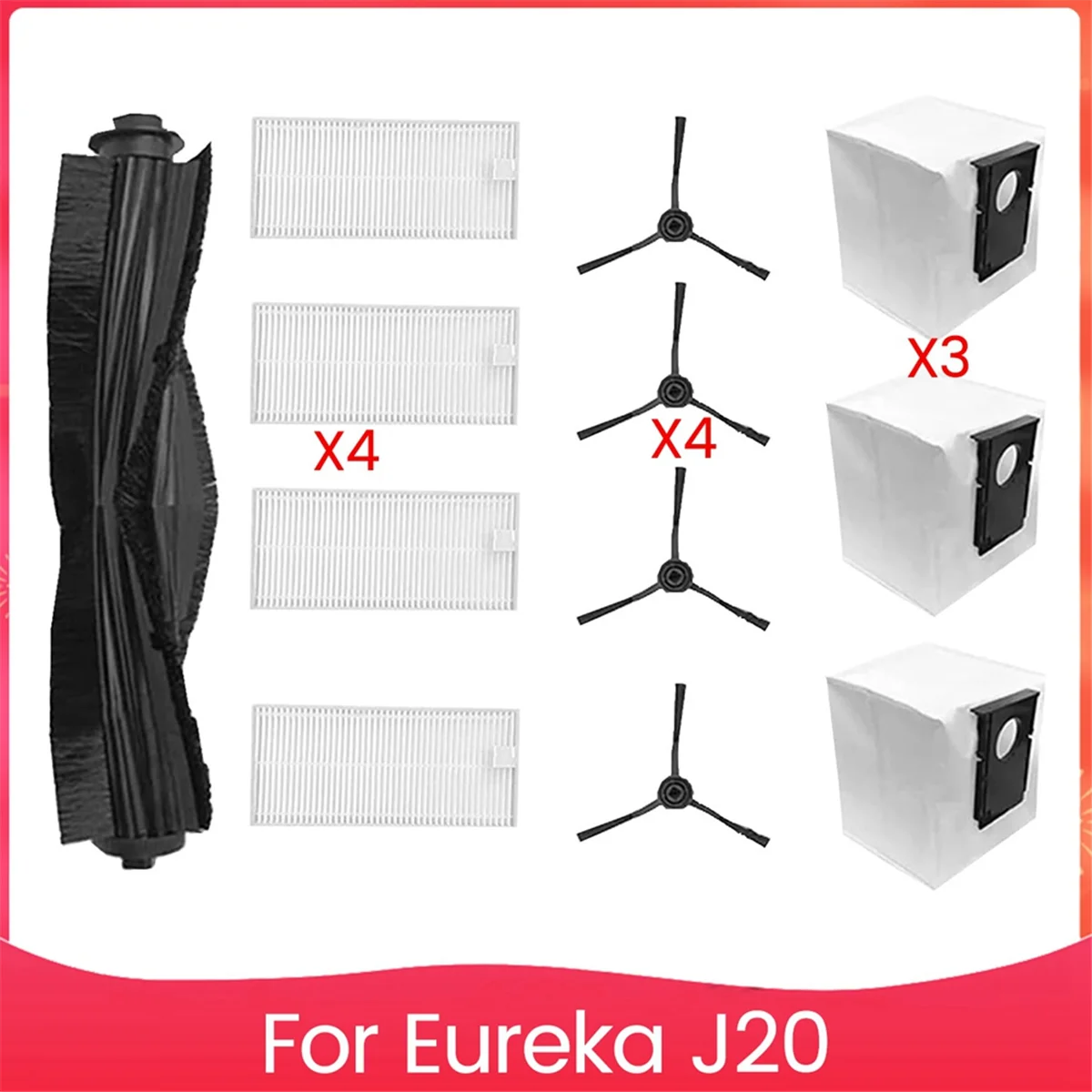 Replacement Parts Kit for Eureka J20 Robot Vacuum Cleaner, Accessories Main Side Brushes Hepa Filter Dust Bag