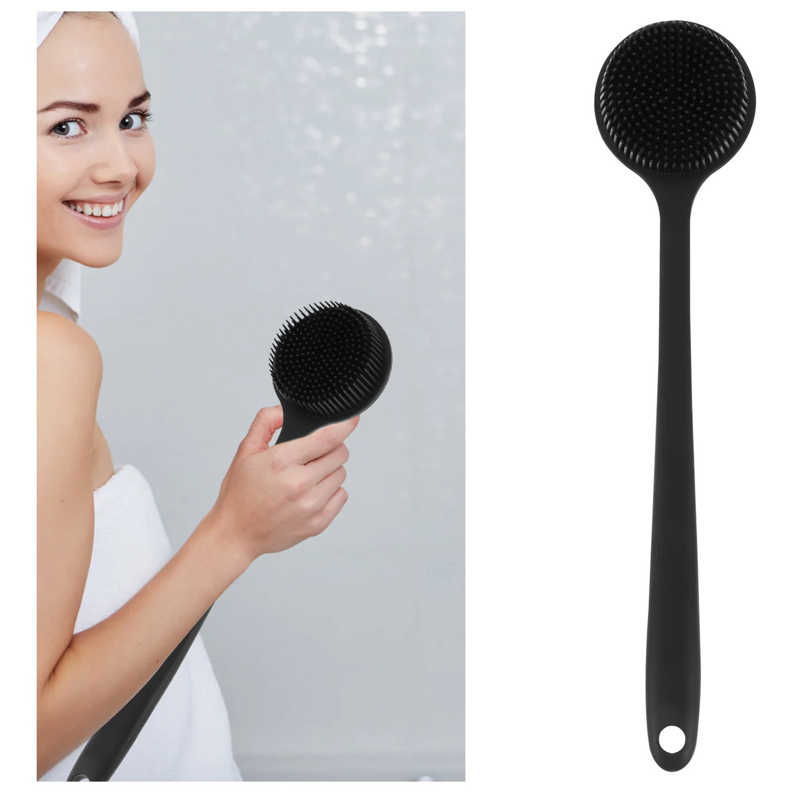 

Mens Body Scrubber Cleaning Brush Long Handle Bath Bathing Accessories Silicone Wash 37x8cm Black Miss Man