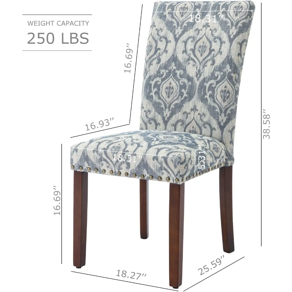 كراسي طعام بارسونز منجدة من القماش الأزرق، مجموعة من 2 مع حواف رأس الأظافر وأرجل خشبية للمطبخ أو غرفة الطعام #3