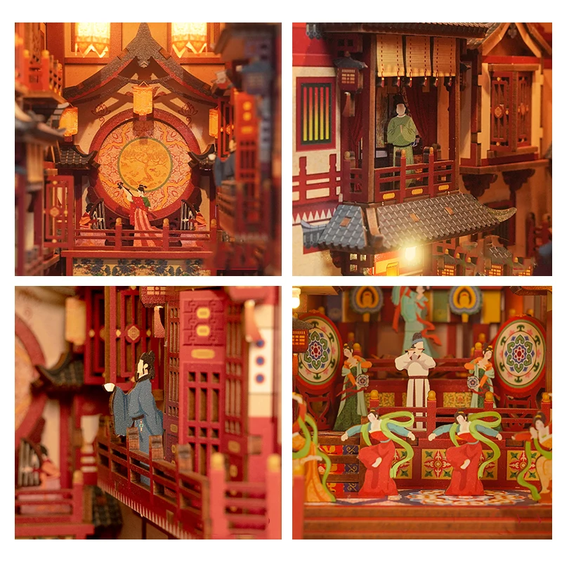 DIY Book Nook Insert Kits Wooden Miniature Building Kit Chinese Chang\'an Ancient Town Bookend Bookshelf Home Decoration Gifts