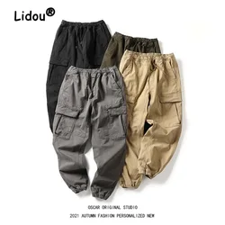 Vintage Fashion Multiple Pockets Solid Color Cargo Pants Men's Classic Loose Pure Cotton Thicken All-match Male Trousers 2023