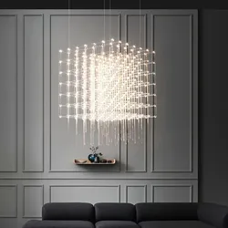 Chrome Square LED Pendant Lamp Stainless Steel For Hall Foyer Restaurant Hanging Light Fixtures Cord Adjustable