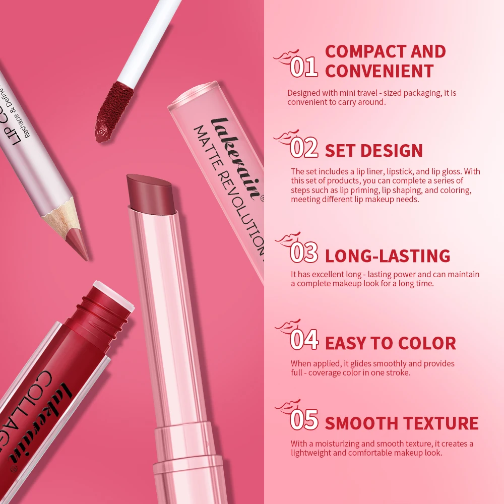 3pcs Lip Makeup Set Lip Liner ลิปกลอสลิปสติก Mirror Effect Beep Lips สูงสี Long Lasting Hydrates Travel Mini ชุด