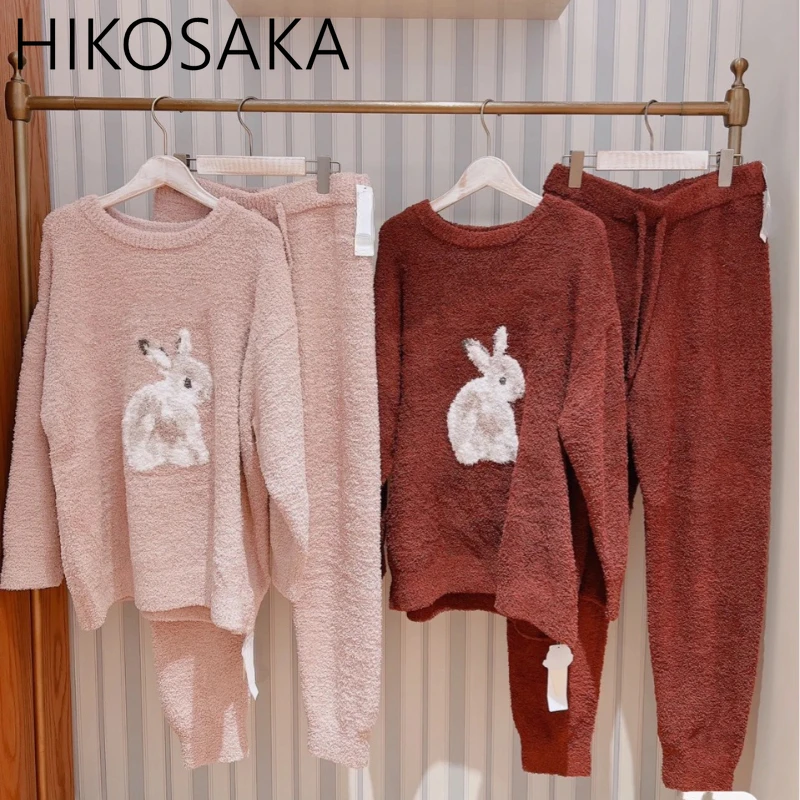 Print Rabbit Sweet Lovely Pajamas Soft Loose Stretch Waist O Neck Long Sleeve Sleepwear Winter Japan Style Casual Homewear