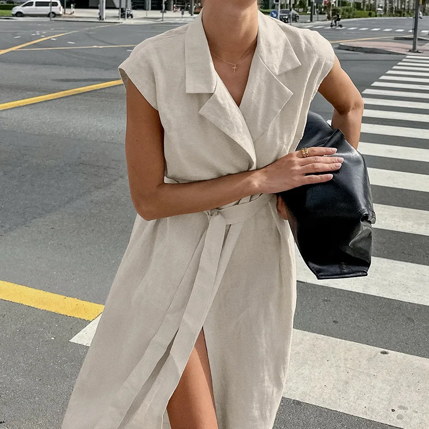 ชุดเดรสยาวผู้หญิงเสื้อชุด Vestidos แขนกุดเปิดลงปก Lace Up เอวแน่น Maxi ชุด 2025 ฤดูร้อน Office Lady A Line