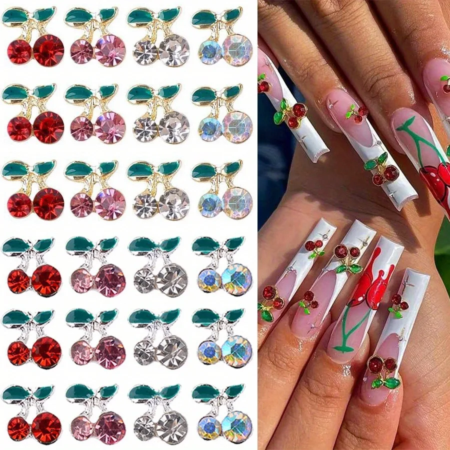 

10PCS 3D Cherry Design Nail Charms Red Cherry Crystal Rhinestone Nail Gems Glitter Diamond Stud Fruit Nail Art Decoration