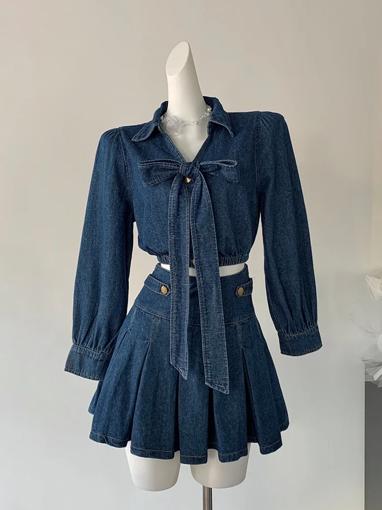 Autumn Winter Women Korean Y2k Denim Rave Vintage Outfits 2 Piece Set Long Sleeve Crop Shirts +Mini Pleated Skirt