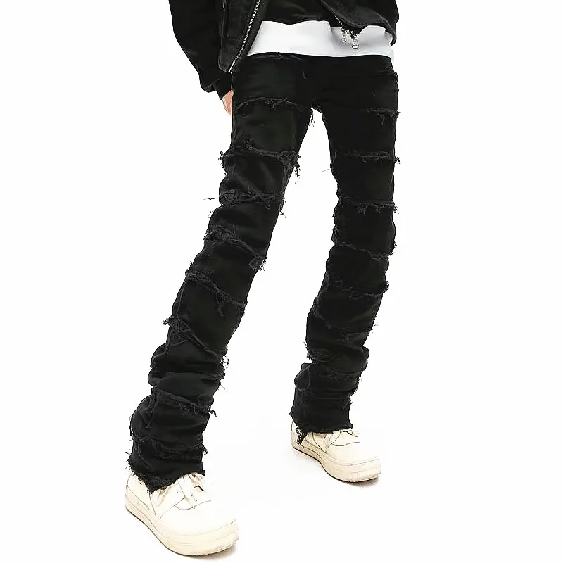2023 Dark Streetwear Black Baggy Grunge Stacked Jeans Y2K Pants Men Patchwork Hip Hop Straight Denim Trousers Pantalones Hombre