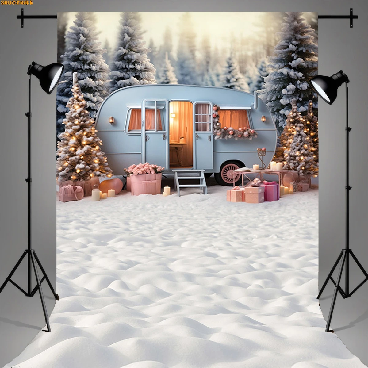 

Snowy Wooden Table Christmas Day Ornament Background Abstract New Year Party Halo Defocused Lights Photography Backdrops CV-04