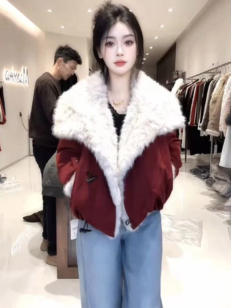 

Women's Winter Thiened ort Coat with Large Fur Collar Faionable Slimming Outerwear Casual Sle New Year's Outfit Set
