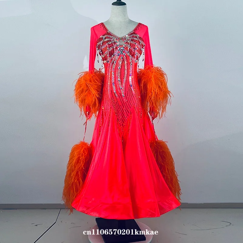 V-Neck Red Ballroom Dance Dress with Feather Sleeves Rhinestone Skirt for Women Competition