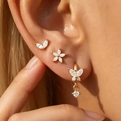 3PCS/6PCS Stainless Steel Zircon Flower Helix Ear Studs Set For Woman Light Luxury Butterfly Hoop Earring Fashion Jewelry Gift