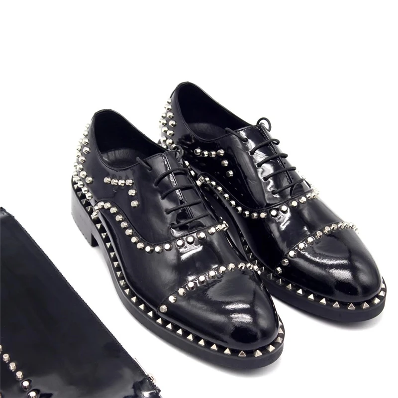 Leather thick-sole men's shoes autumn shiny cowhide rivet Oxford shoes square heel heightening large size small size men's shoes