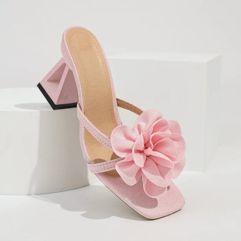 Womens 3D Flower Decor Sandals Triangular Cutout High Heel Sandals Crisscross Straps Open Toe Sexy Party Dress Summer Heel Shoe - view 3