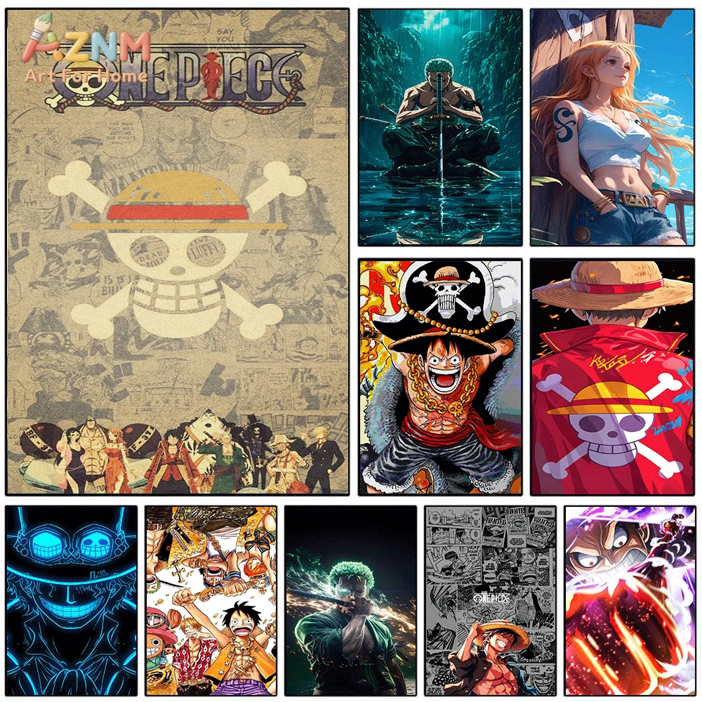 AZNM Unframed Canvas Print One Piece Luffy Zoro Nami Jolly Roger Anime Wall Art Manga Poster Home Decor