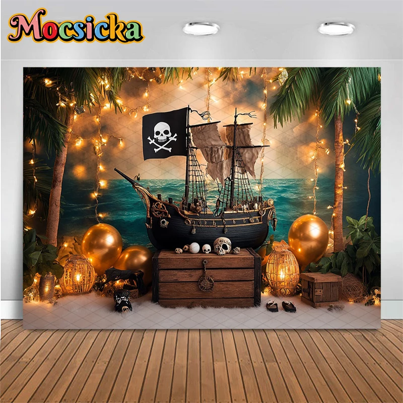 Mocsicka Pirate Ship Sailing Backdrops Island Gold Decor Navigator Children Birthday Photo Backgrounds Shooting Studio Photocall