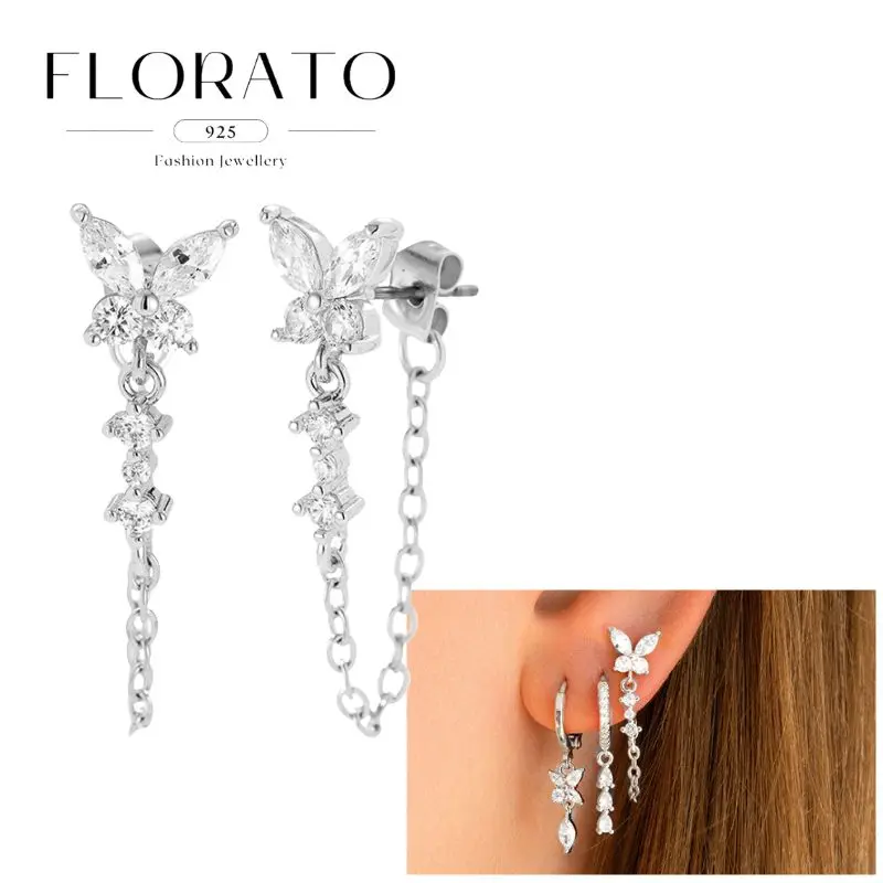 FLORATO 925 Sterling Silber Ohrringe mit Kettenquasten-Anhänger, Zirkon-Silberohrringe für Damen, Trendiger Luxus-Hochzeitsschmuck