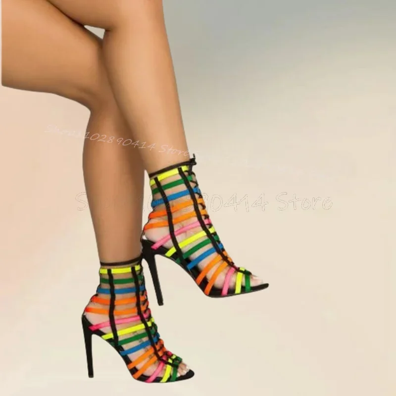 

Mixed Color Hollow Design Strappy Sandals Boots Cross Tied Women Shoes Thin High Heels Fashion Banquet 2025 Zapatos Para Mujere