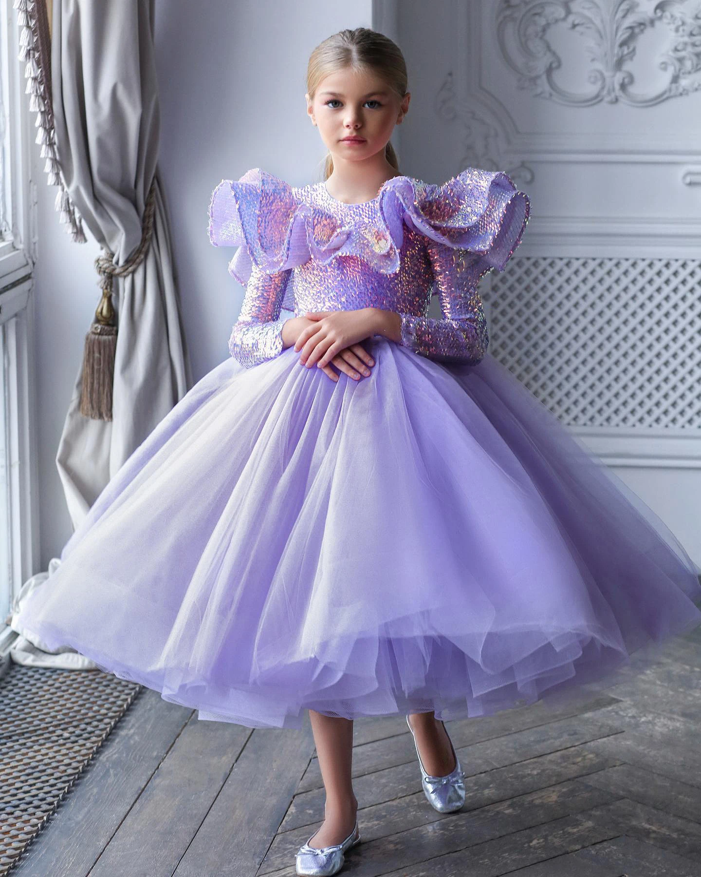 

Puffy Glitter Girl Dress Tea Length Princess Dres Flower Girl Dresses Cute Baby Girl Dress Girl Birthday Party Dresses