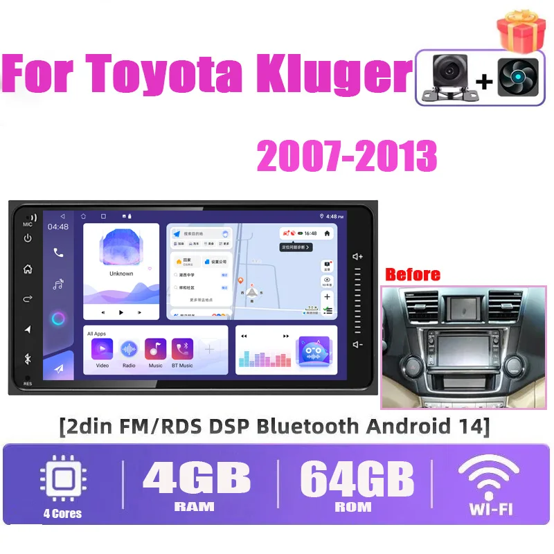 

7 "Car Stereo Radio For Toyota Kluger 2007-2013 Wireless CarPlay Android Auto FM GPS Navi BT Wireless Wifi Reversing Image