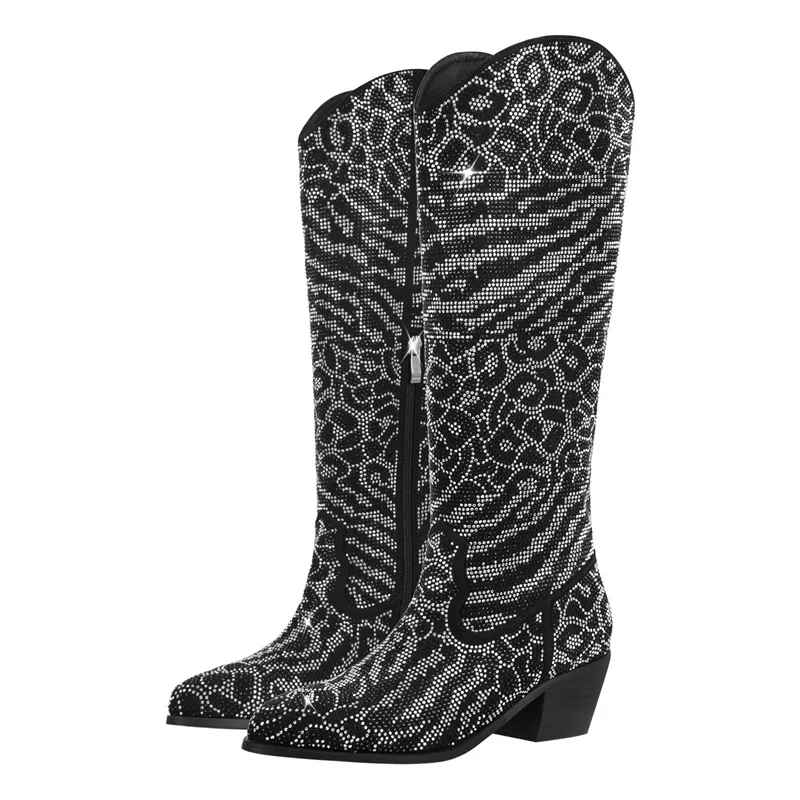 Onlymaker Women Western Cowboy Boots Pointed Toe Knee High Boots WWide Calf Block Heel Pull-On Cowgirl Boots