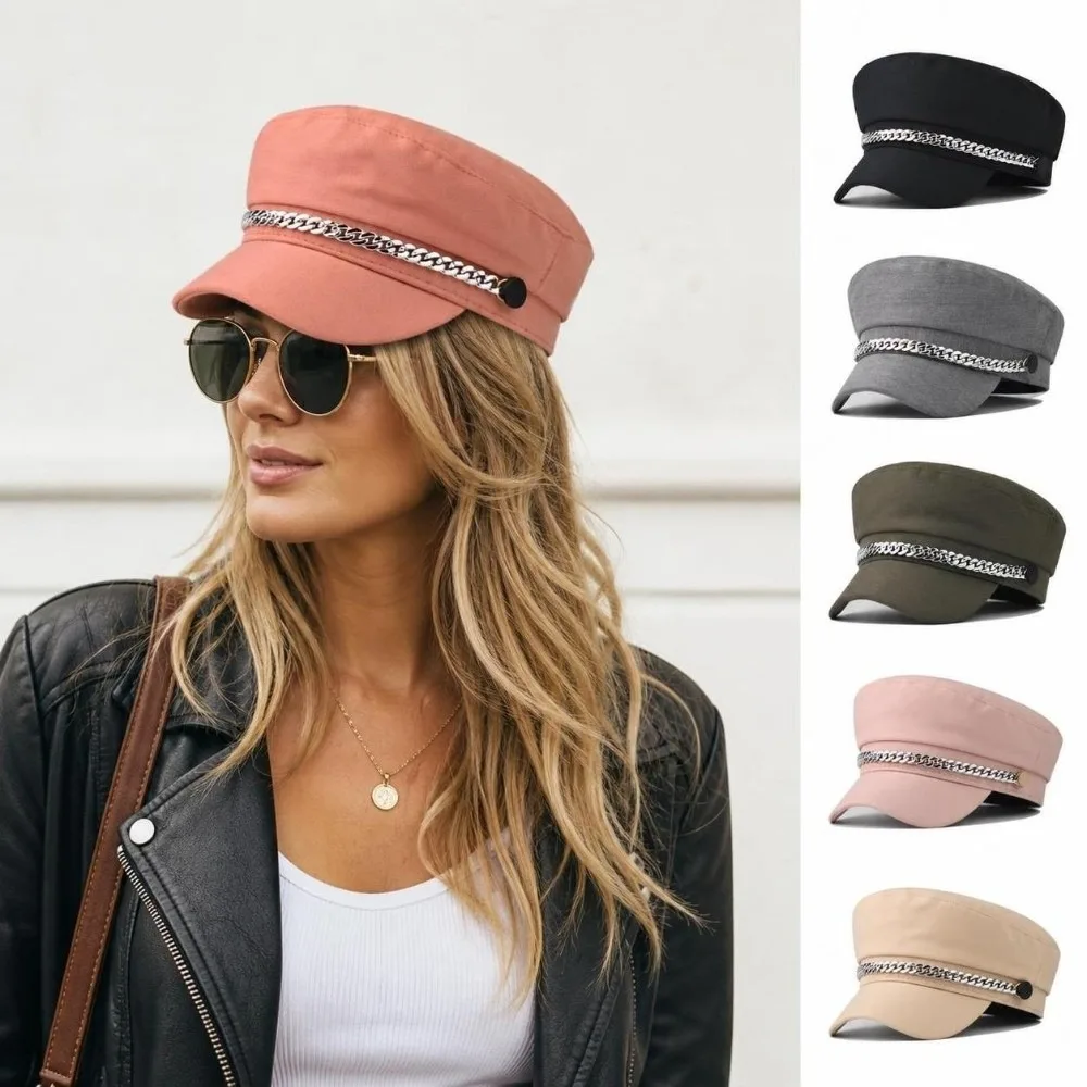 Vintage Cotton Polyester Newsboy Cap Short Brim Adjustable Short Brim Peaked Cap Chain Decor Chain Decor Cap Daily Wear