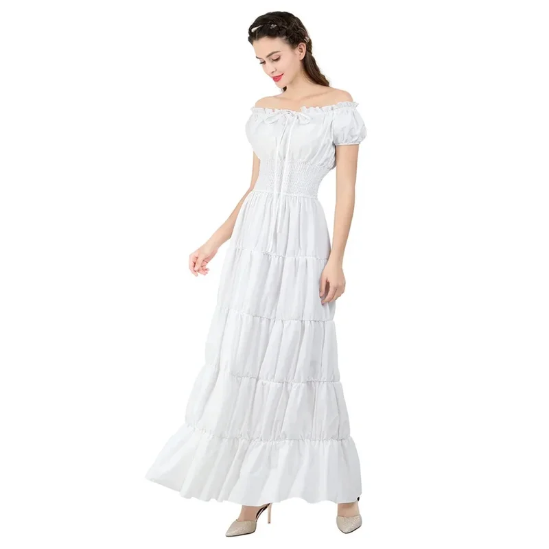 

Victorian Dress with Corset Belt Medieval Renaissance Dress for Women Elegant Long White Dresses with Short Sleeves SADFS49KTF