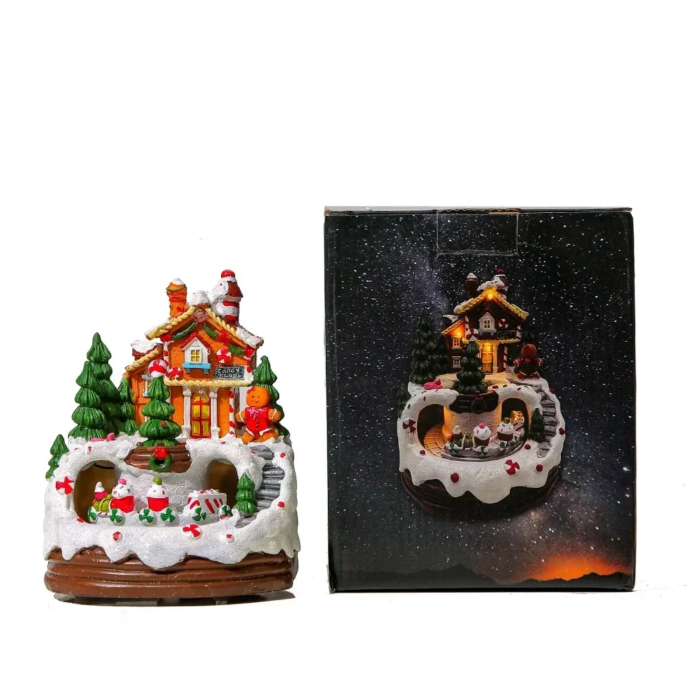 Christmas Village House Figurines Christmas Collectible Buildings Decoration with Spinning Train Music & LED Light for Christmas